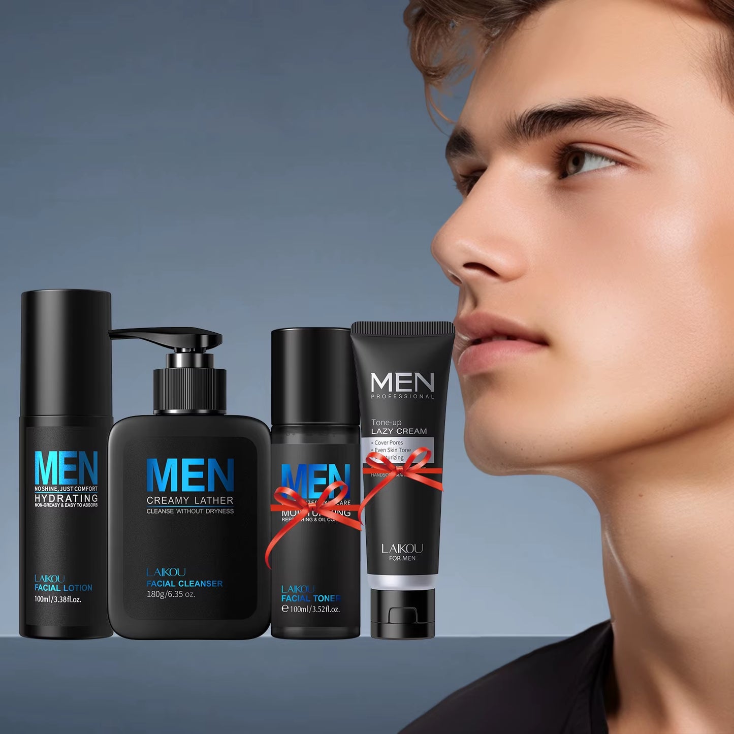 Men Skincare Set 4Pcs TONE-UP Lazy Cream Facial Cleanser Toner Lotion Hydrating Oil Control 3-Minute Routine