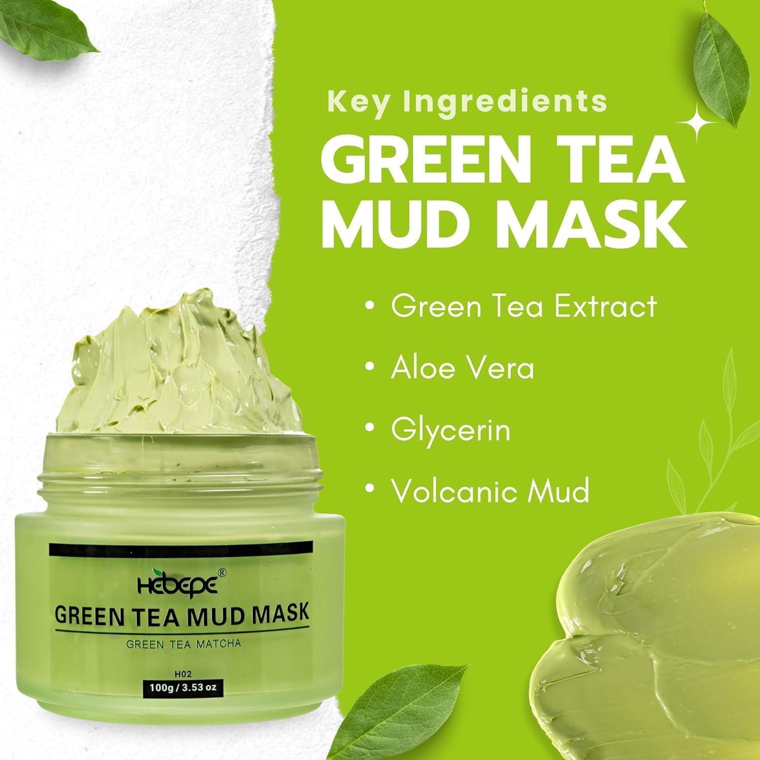 Green Tea Matcha Mud Mask with Aloe Vera, Deep Cleansing, Hydrating, and Relaxing Volcanic Clay Facial Mask, 3.53 Oz/100G